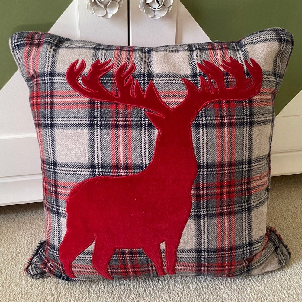 Christmas Tree Shop Red/Gray/White Plaid Moose Pillow